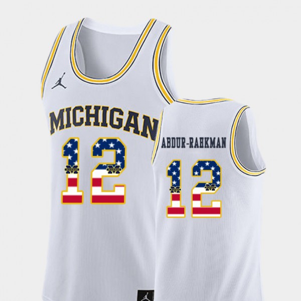 Michigan Wolverines #12 For Men's Muhammad-Ali Abdur-Rahkman Jersey White NCAA College Basketball USA Flag